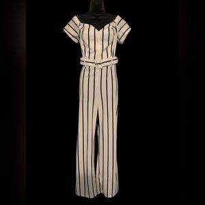 Black and White Striped Off-the-Shoulder Jumpsuit with Belted Waist